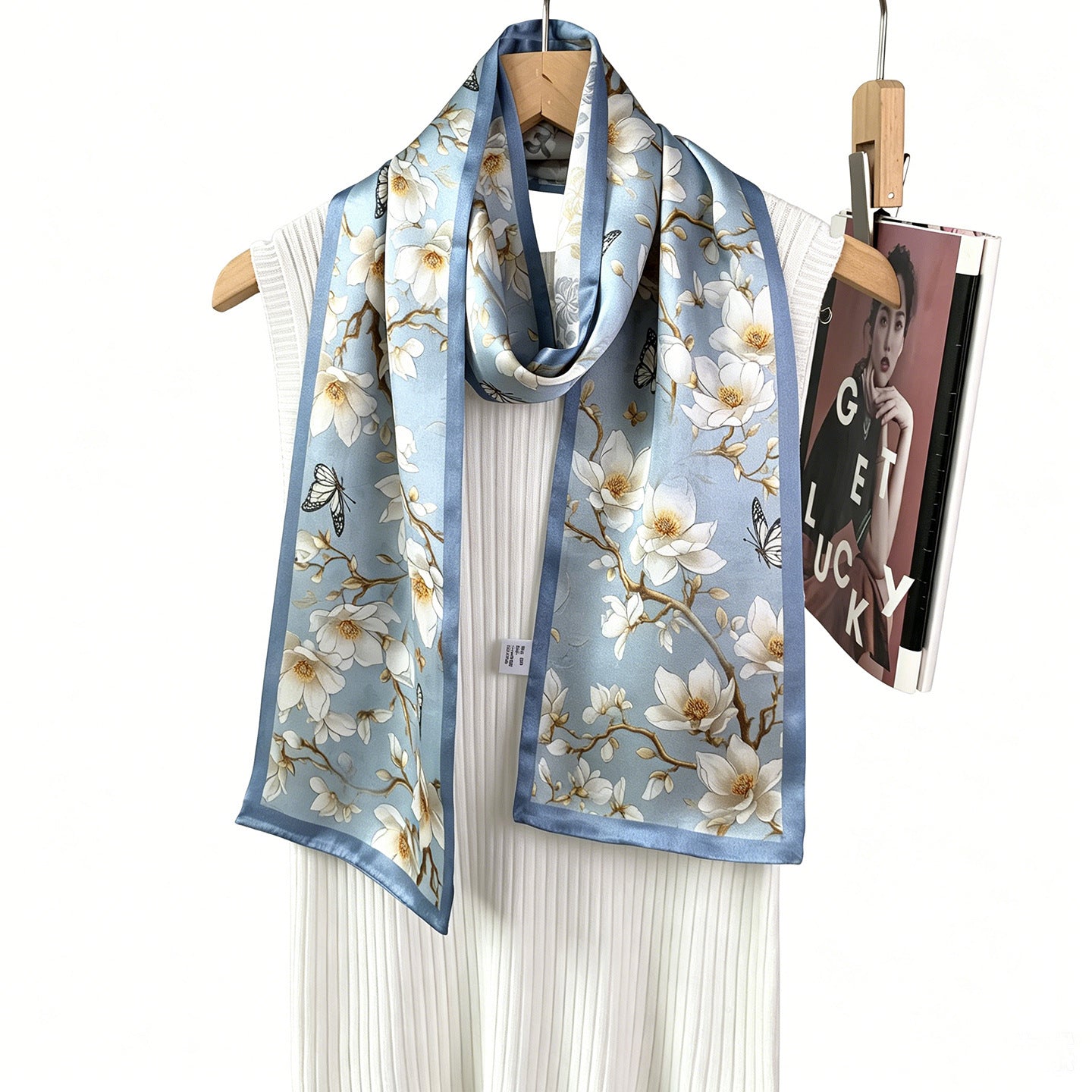 Sweet Silk Flowers Pattern Scarf For Women In Blue, Perfect For Spring & Summer