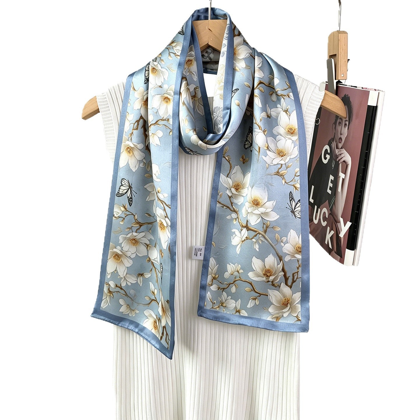 Sweet Silk Flowers Pattern Scarf For Women In Blue, Perfect For Spring & Summer
