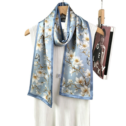 Sweet Silk Flowers Pattern Scarf For Women In Blue, Perfect For Spring & Summer