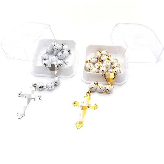 Elegant White Plastic Beaded Cross Rosary For Women, Stylish And Lightweight Bracelet Accessory