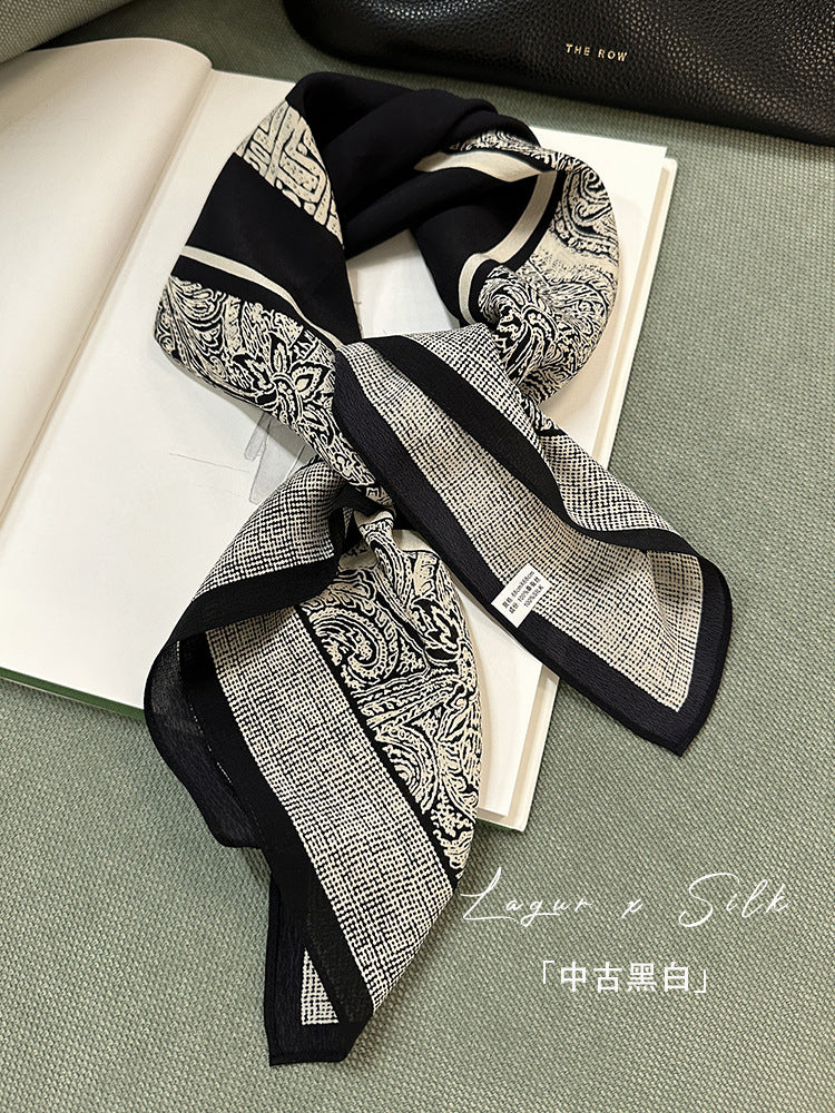Women's Simple Style Silk Scarf In Black & White, Perfect For Summer