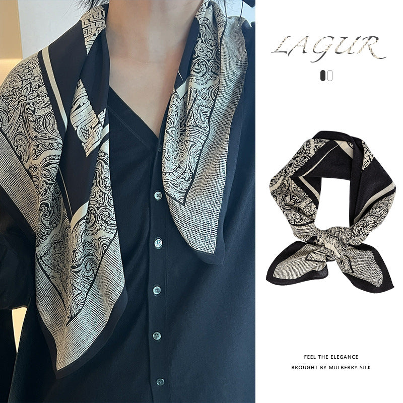 Women's Simple Style Silk Scarf In Black & White, Perfect For Summer