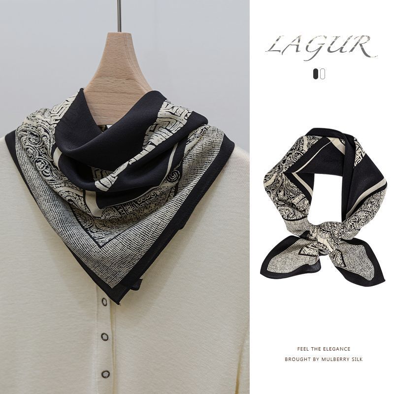 Women's Simple Style Silk Scarf In Black & White, Perfect For Summer