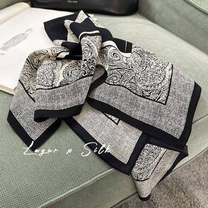 Women's Simple Style Silk Scarf In Black & White, Perfect For Summer