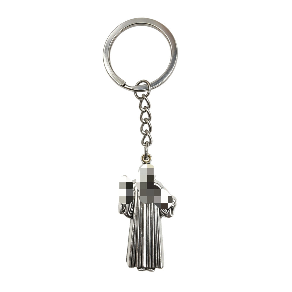 Polished Silver Portrait Key Chain In Zinc Material Featuring Retro Style Design