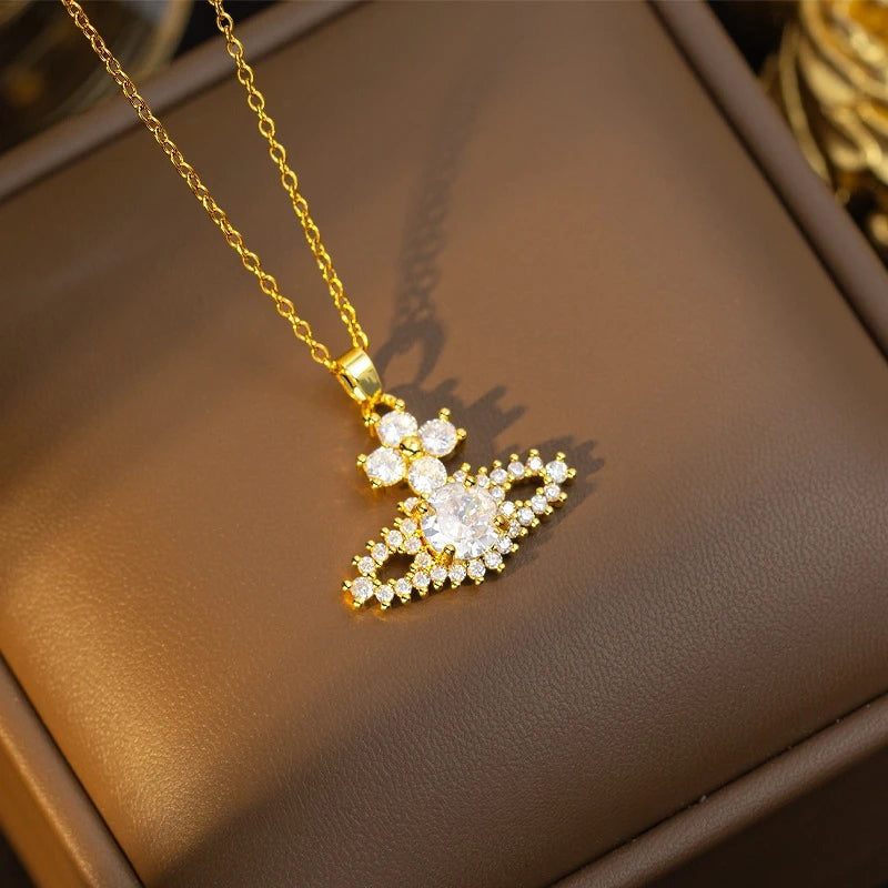 Handmade Classic Style Geometric Necklace For Women In 201 Stainless Steel With Glass Inlay And Cable Chain