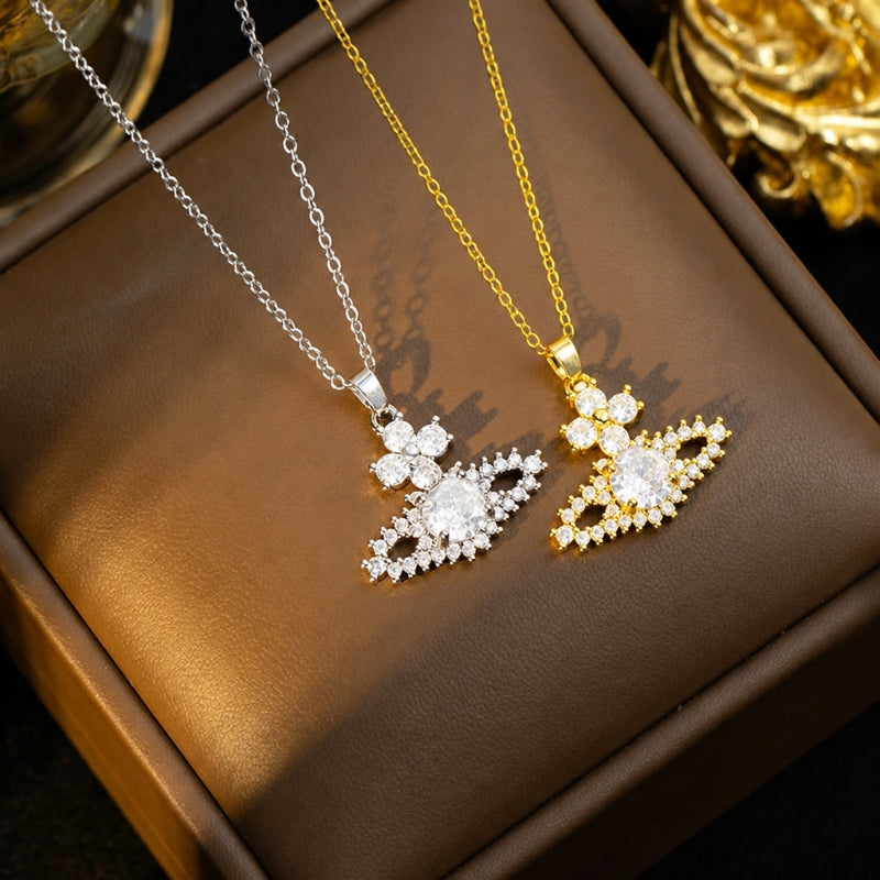 Handmade Classic Style Geometric Necklace For Women In 201 Stainless Steel With Glass Inlay And Cable Chain