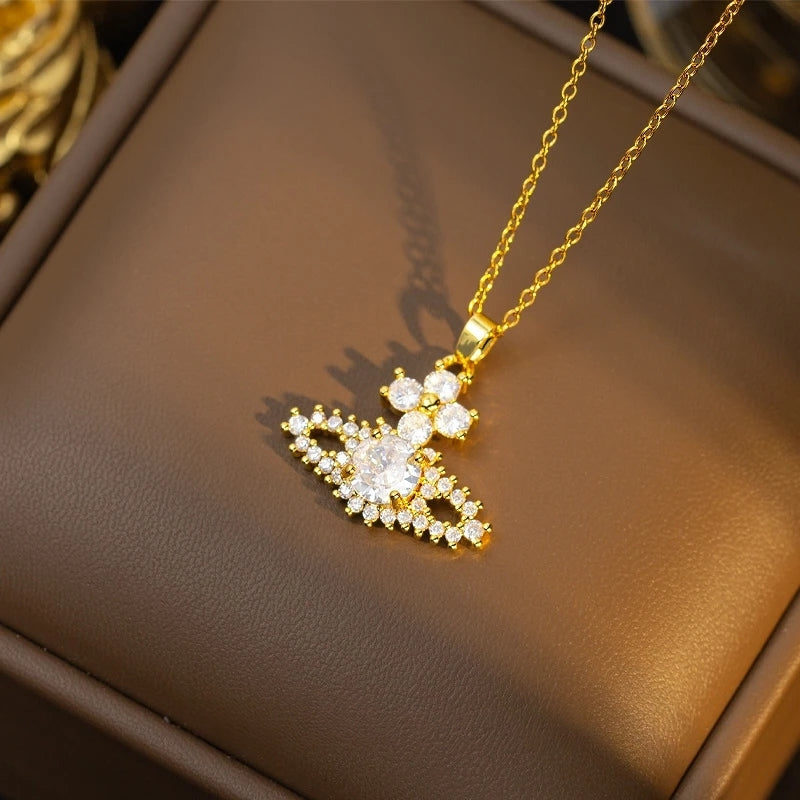 Handmade Classic Style Geometric Necklace For Women In 201 Stainless Steel With Glass Inlay And Cable Chain
