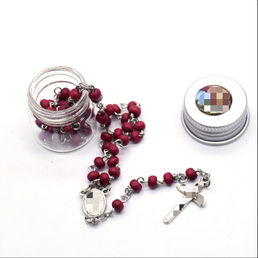Vintage Style Wine Red Rose Rosary Necklace With Wood Beaded Chain And Zinc Alloy Pendant