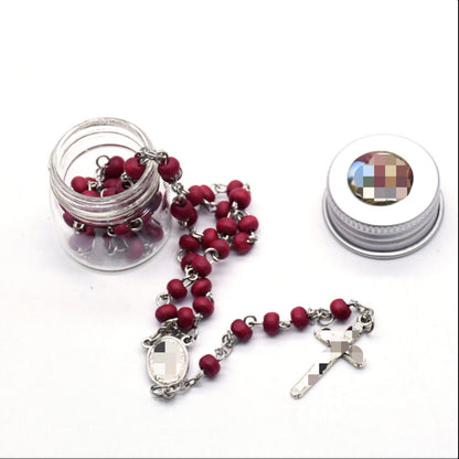 Vintage Style Wine Red Rose Rosary Necklace With Wood Beaded Chain And Zinc Alloy Pendant