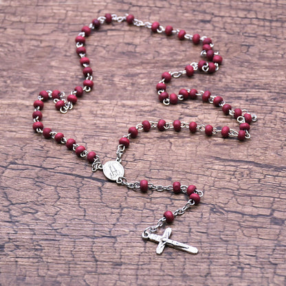 Vintage Style Wine Red Rose Rosary Necklace With Wood Beaded Chain And Zinc Alloy Pendant