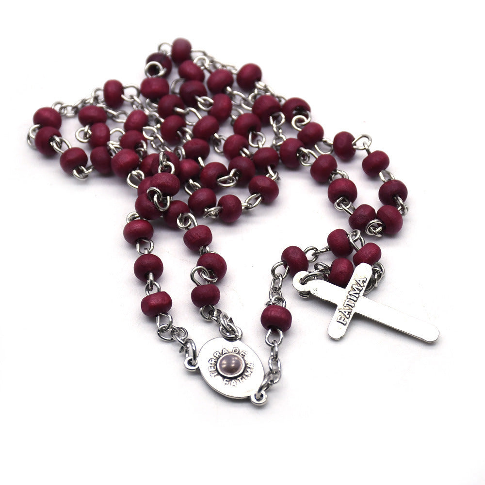 Vintage Style Wine Red Rose Rosary Necklace With Wood Beaded Chain And Zinc Alloy Pendant