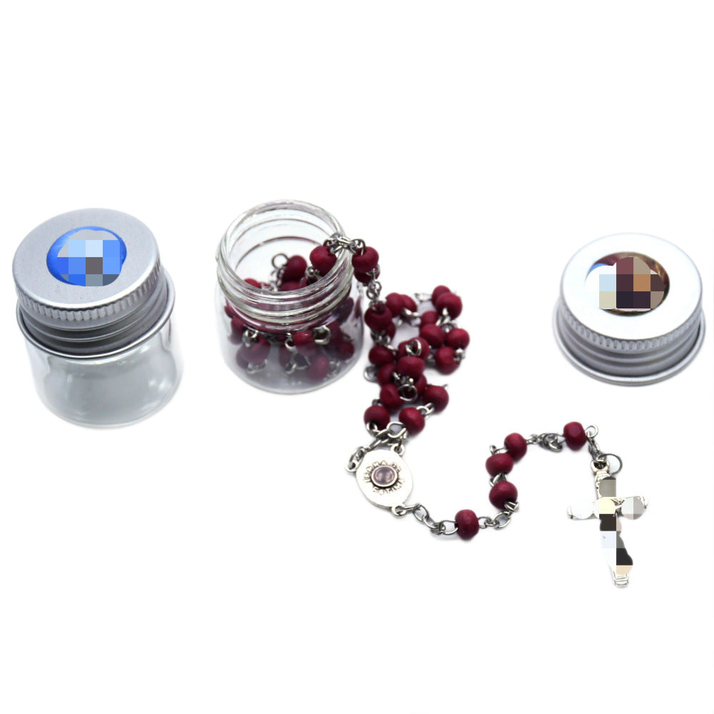 Vintage Style Wine Red Rose Rosary Necklace With Wood Beaded Chain And Zinc Alloy Pendant