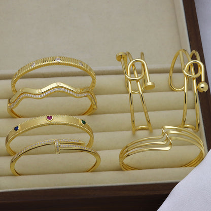 Heart Shape Bangle For Women In Copper With 18K Real Gold Plating And Zircon Inlay, Gold Bracelet