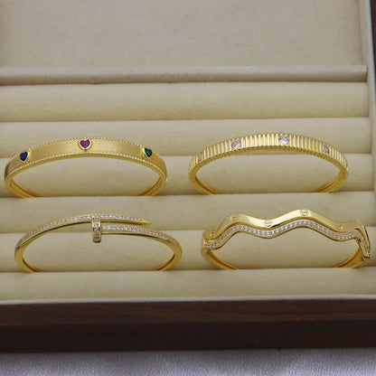 Heart Shape Bangle For Women In Copper With 18K Real Gold Plating And Zircon Inlay, Gold Bracelet