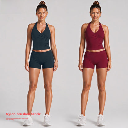 Sport Running Shorts For Women In Stretchy Nylon Fabric Featuring A Backless Design And Sleeveless Style