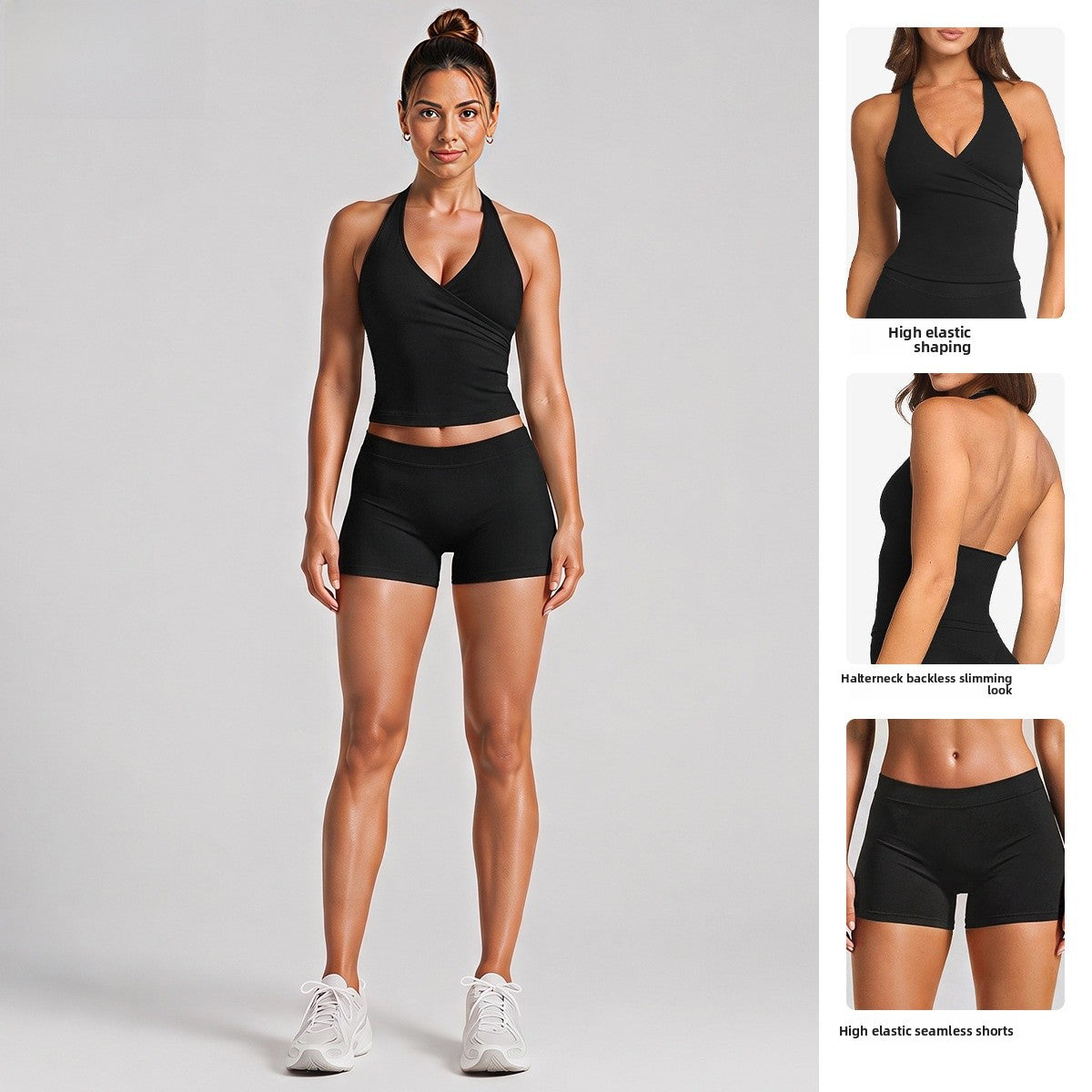Sport Running Shorts For Women In Stretchy Nylon Fabric Featuring A Backless Design And Sleeveless Style