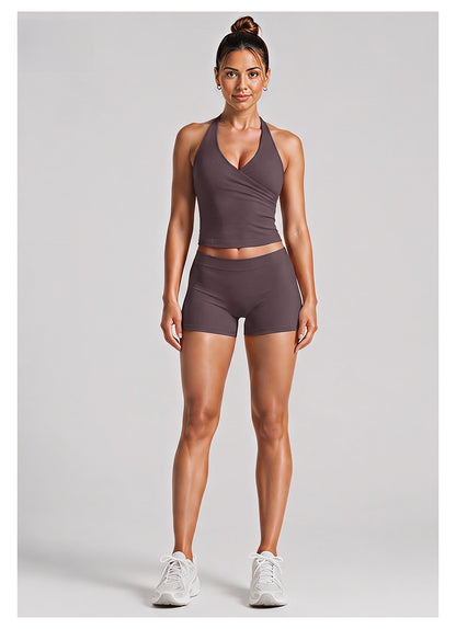 Sport Running Shorts For Women In Stretchy Nylon Fabric Featuring A Backless Design And Sleeveless Style