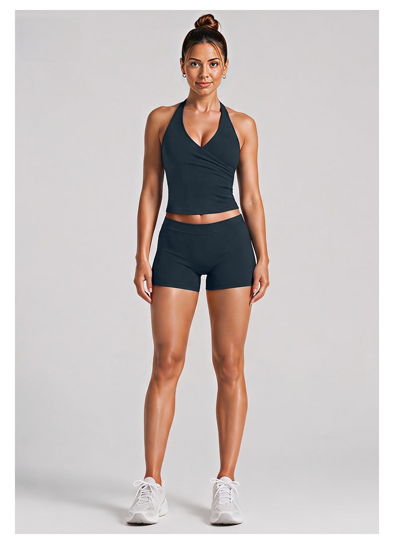 Sport Running Shorts For Women In Stretchy Nylon Fabric Featuring A Backless Design And Sleeveless Style