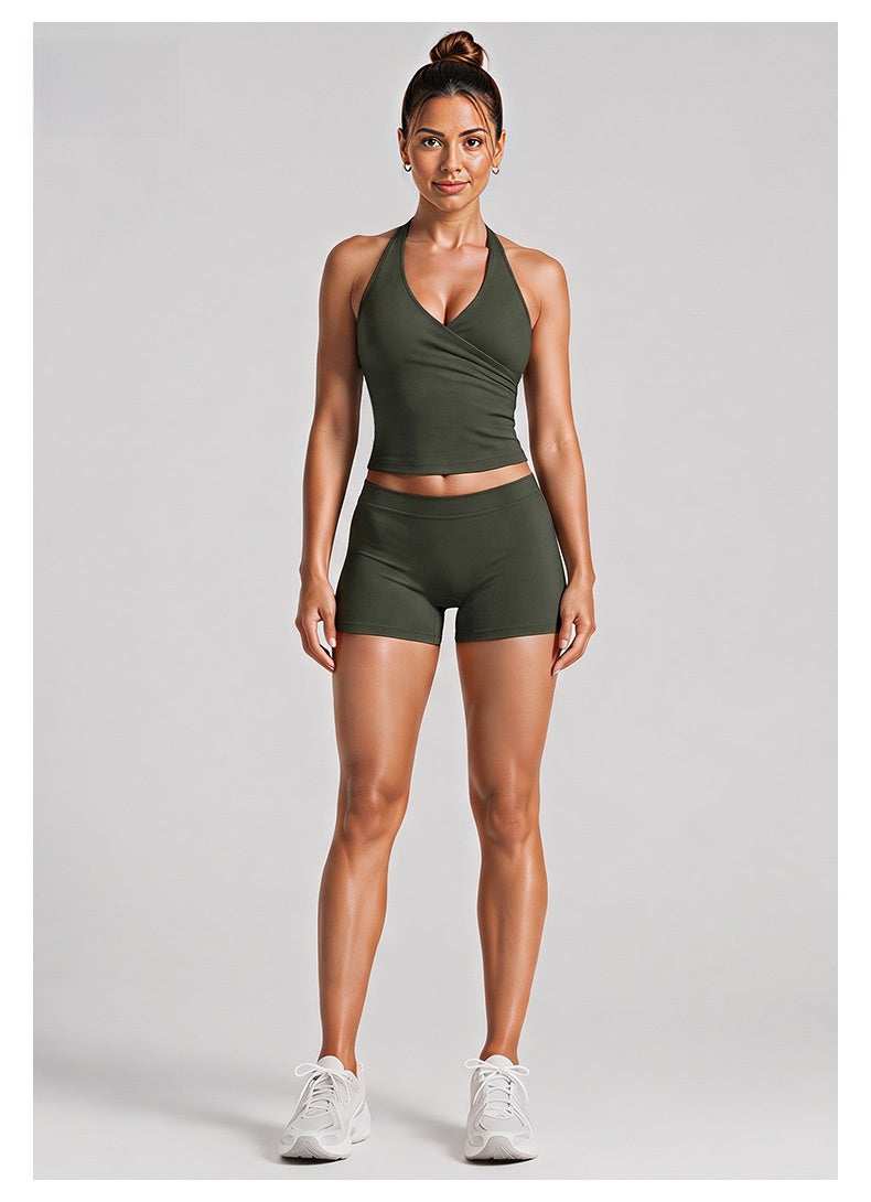 Sport Running Shorts For Women In Stretchy Nylon Fabric Featuring A Backless Design And Sleeveless Style