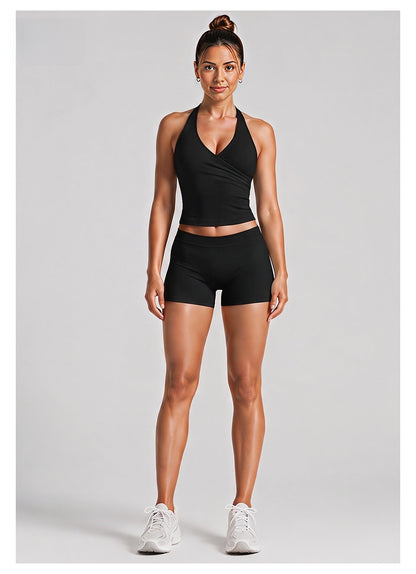 Sport Running Shorts For Women In Stretchy Nylon Fabric Featuring A Backless Design And Sleeveless Style