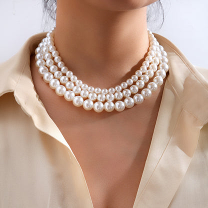 Baroque Style Three Layer Pearl Necklace With Beaded Chain Featuring Resin Pendant For Women
