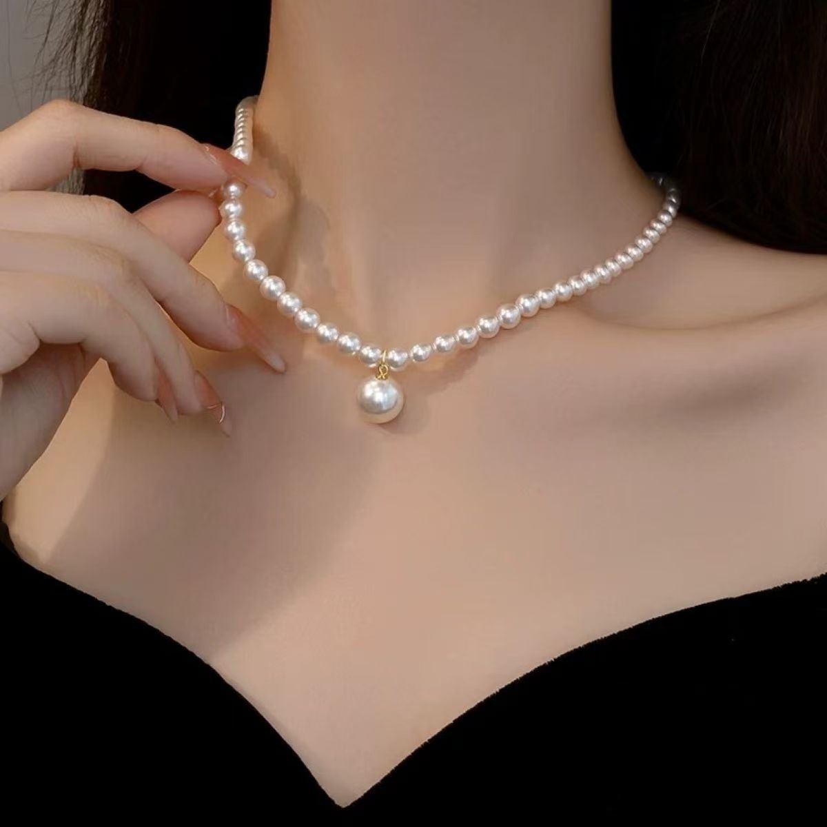Baroque Style Three Layer Pearl Necklace With Beaded Chain Featuring Resin Pendant For Women