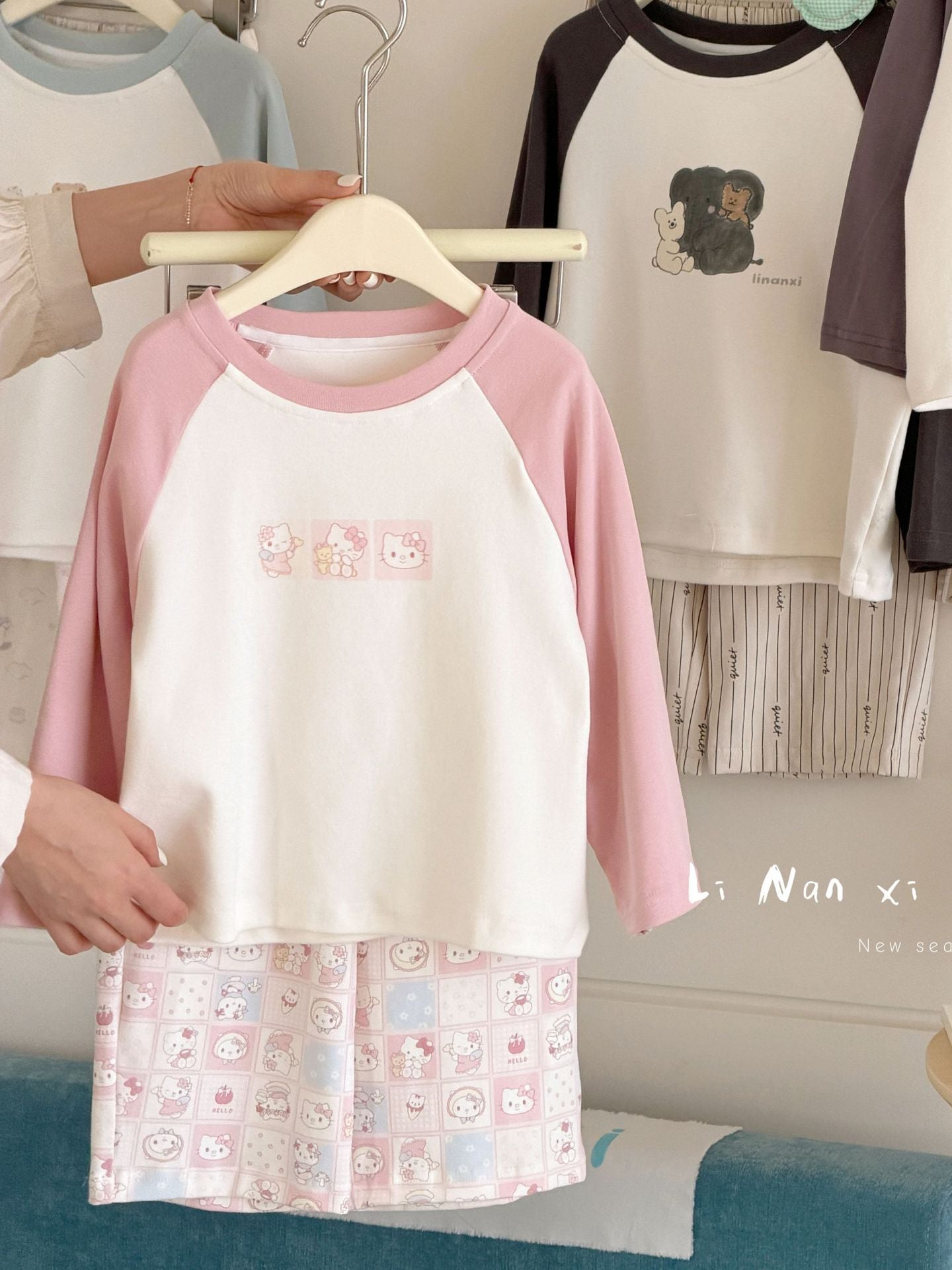 Children Unisex Autumn Animal Pattern Cotton Round Neck Long Sleeve Home Clothes Set In Blue