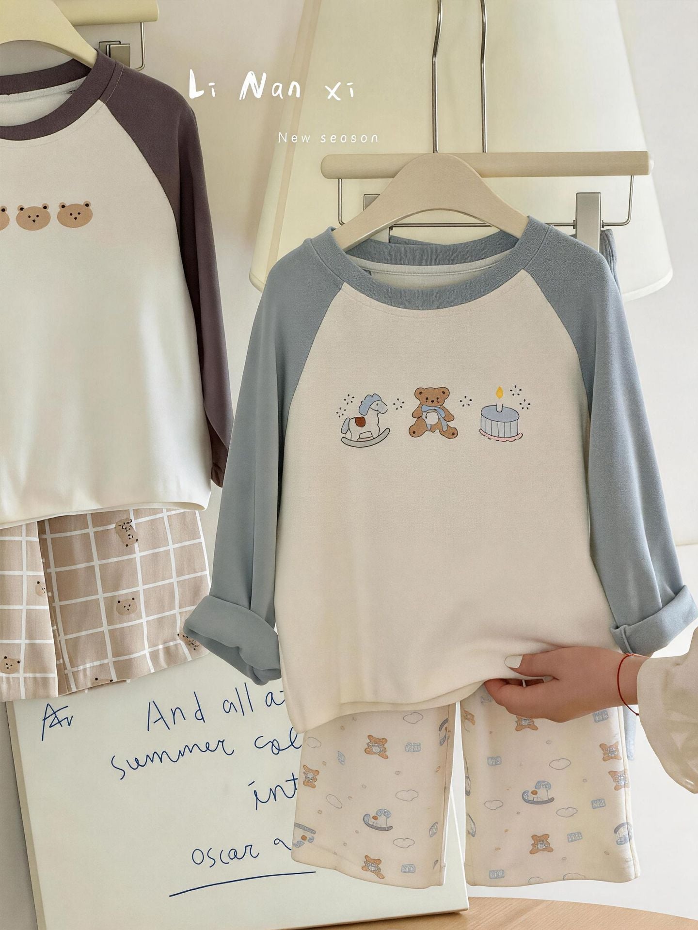 Children Unisex Autumn Animal Pattern Cotton Round Neck Long Sleeve Home Clothes Set In Blue