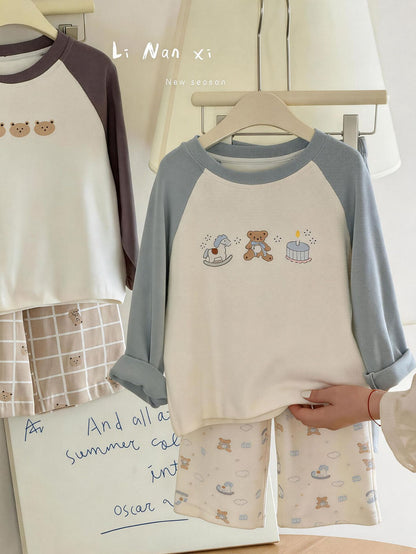 Children Unisex Autumn Animal Pattern Cotton Round Neck Long Sleeve Home Clothes Set In Blue