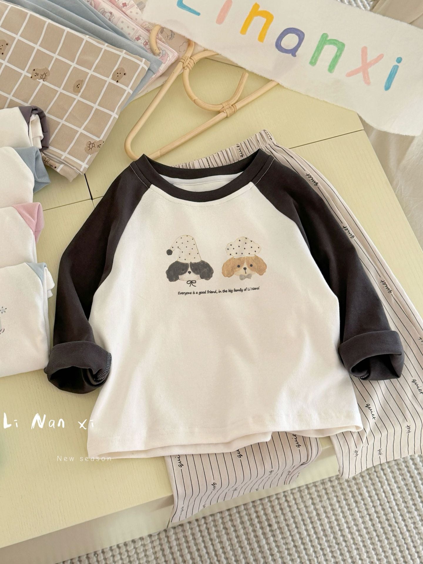 Children Unisex Autumn Animal Pattern Cotton Round Neck Long Sleeve Home Clothes Set In Blue