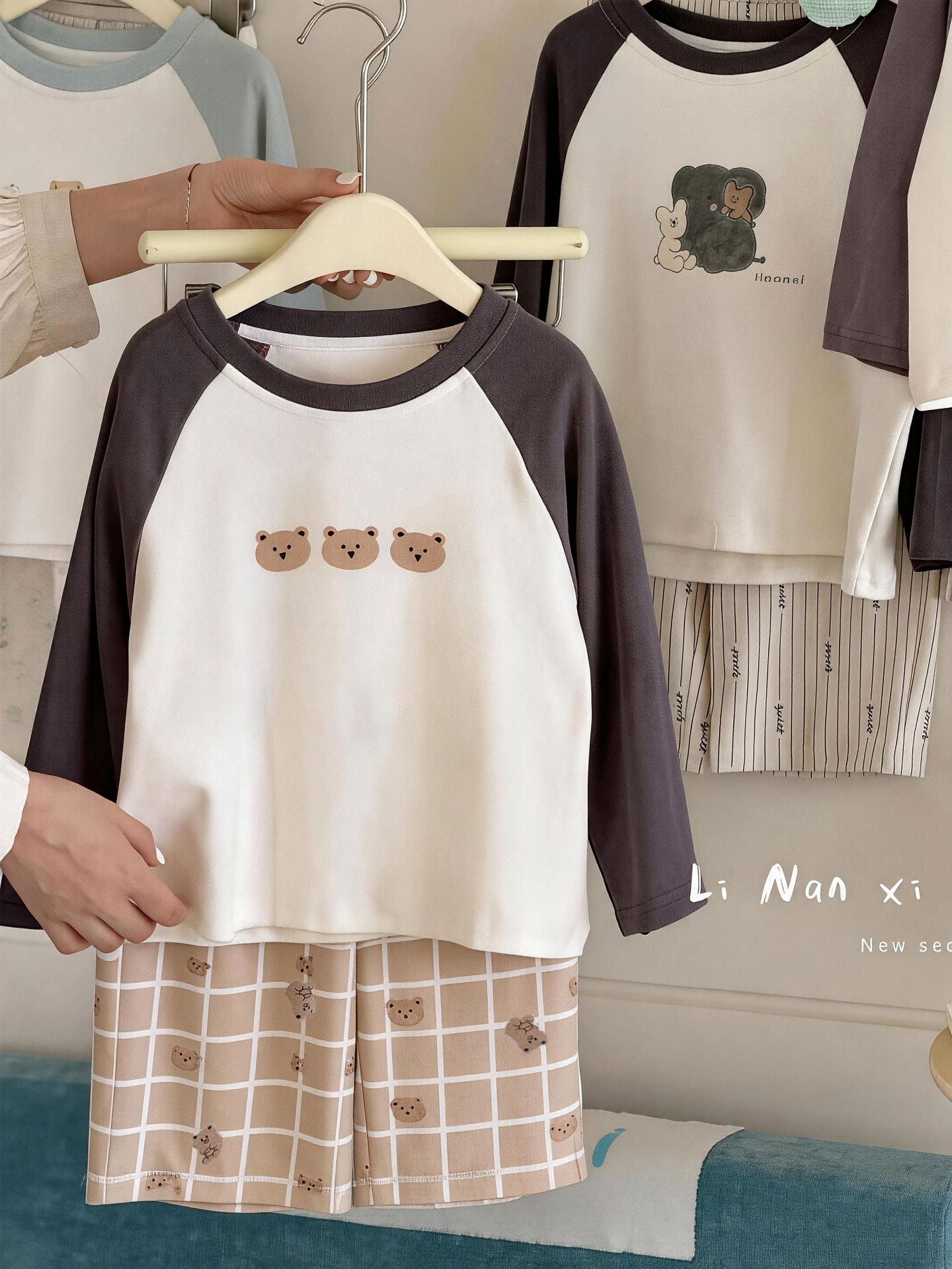 Children Unisex Autumn Animal Pattern Cotton Round Neck Long Sleeve Home Clothes Set In Blue