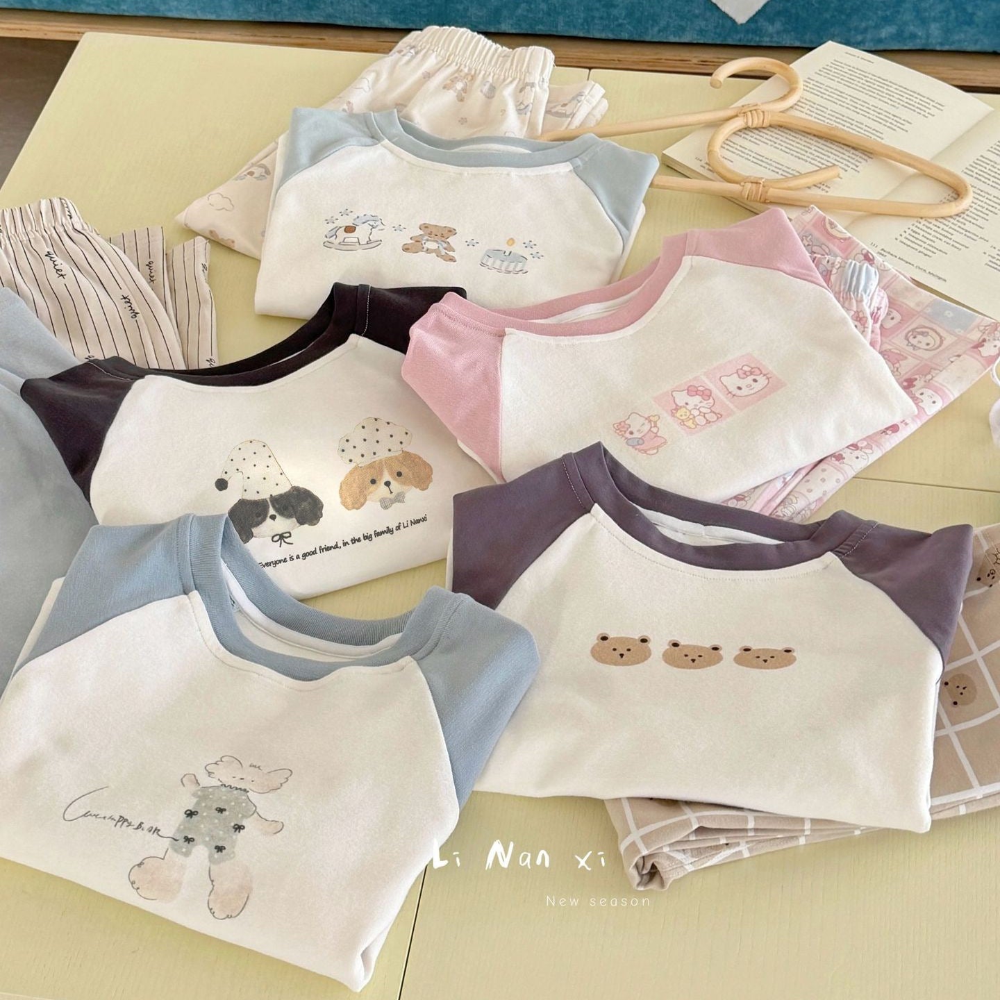 Children Unisex Autumn Animal Pattern Cotton Round Neck Long Sleeve Home Clothes Set In Blue