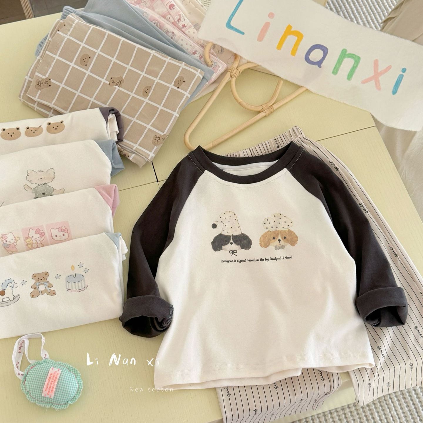 Children Unisex Autumn Animal Pattern Cotton Round Neck Long Sleeve Home Clothes Set In Blue