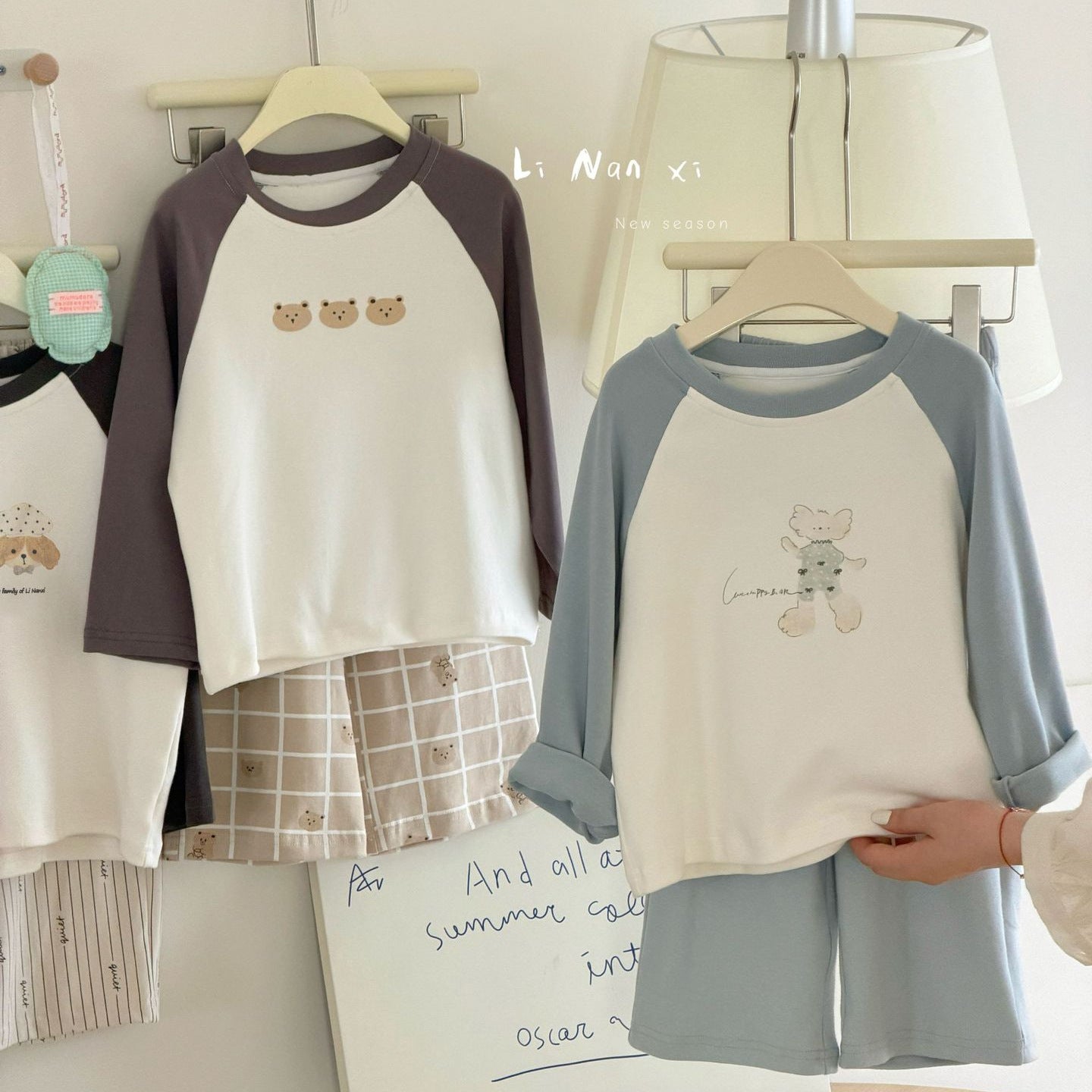 Children Unisex Autumn Animal Pattern Cotton Round Neck Long Sleeve Home Clothes Set In Blue