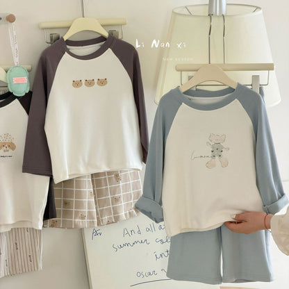 Children Unisex Autumn Animal Pattern Cotton Round Neck Long Sleeve Home Clothes Set In Blue