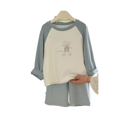 Children Unisex Autumn Animal Pattern Cotton Round Neck Long Sleeve Home Clothes Set In Blue