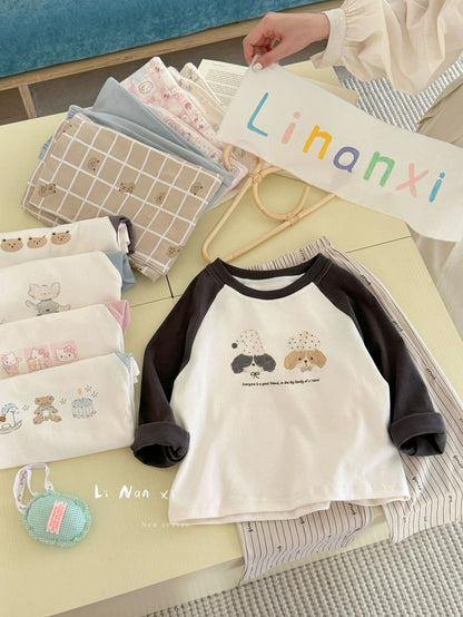 Children Unisex Autumn Animal Pattern Cotton Round Neck Long Sleeve Home Clothes Set In Blue