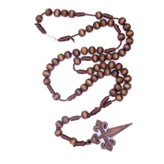 Handmade Wooden Cross Rosary With Beaded Chain, Unisex Necklace Featuring Wooden Pendant