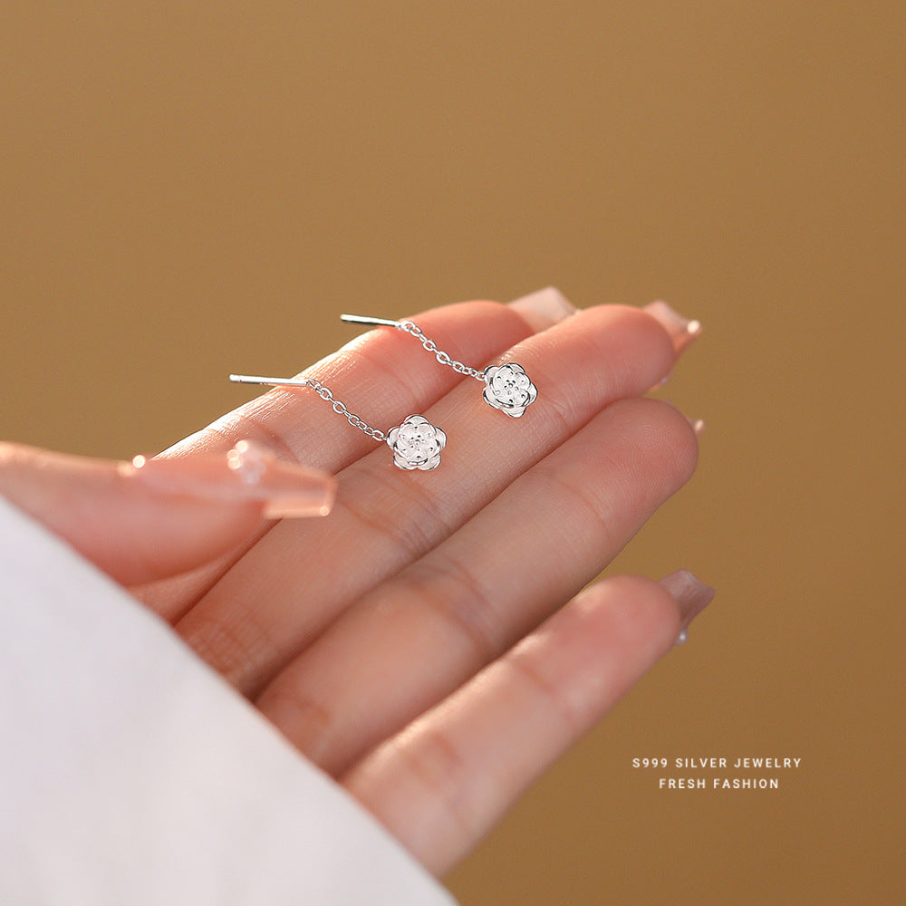 Sweet Flowers Stud Earrings For Women In S999 Silver Featuring Elegant Silver Tone