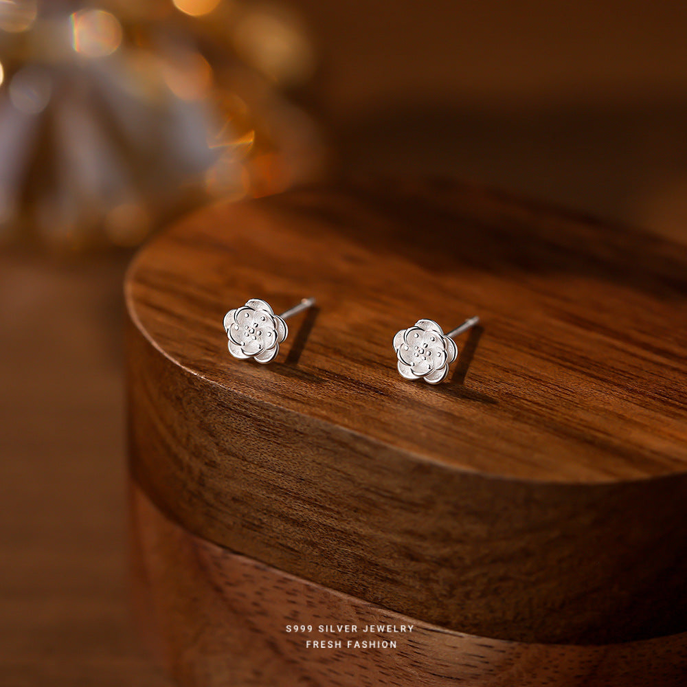 Sweet Flowers Stud Earrings For Women In S999 Silver Featuring Elegant Silver Tone