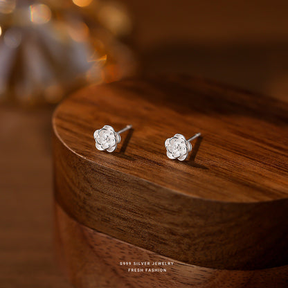 Sweet Flowers Stud Earrings For Women In S999 Silver Featuring Elegant Silver Tone