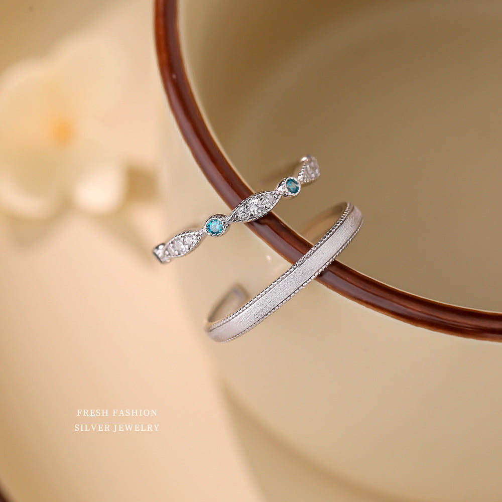 Geometric Brushed Open Rings For Couples In S999 Silver With Platinum Plated Electroplated Finish And Zircon Inlay