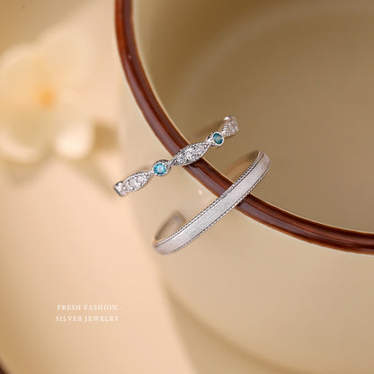 Geometric Brushed Open Rings For Couples In S999 Silver With Platinum Plated Electroplated Finish And Zircon Inlay