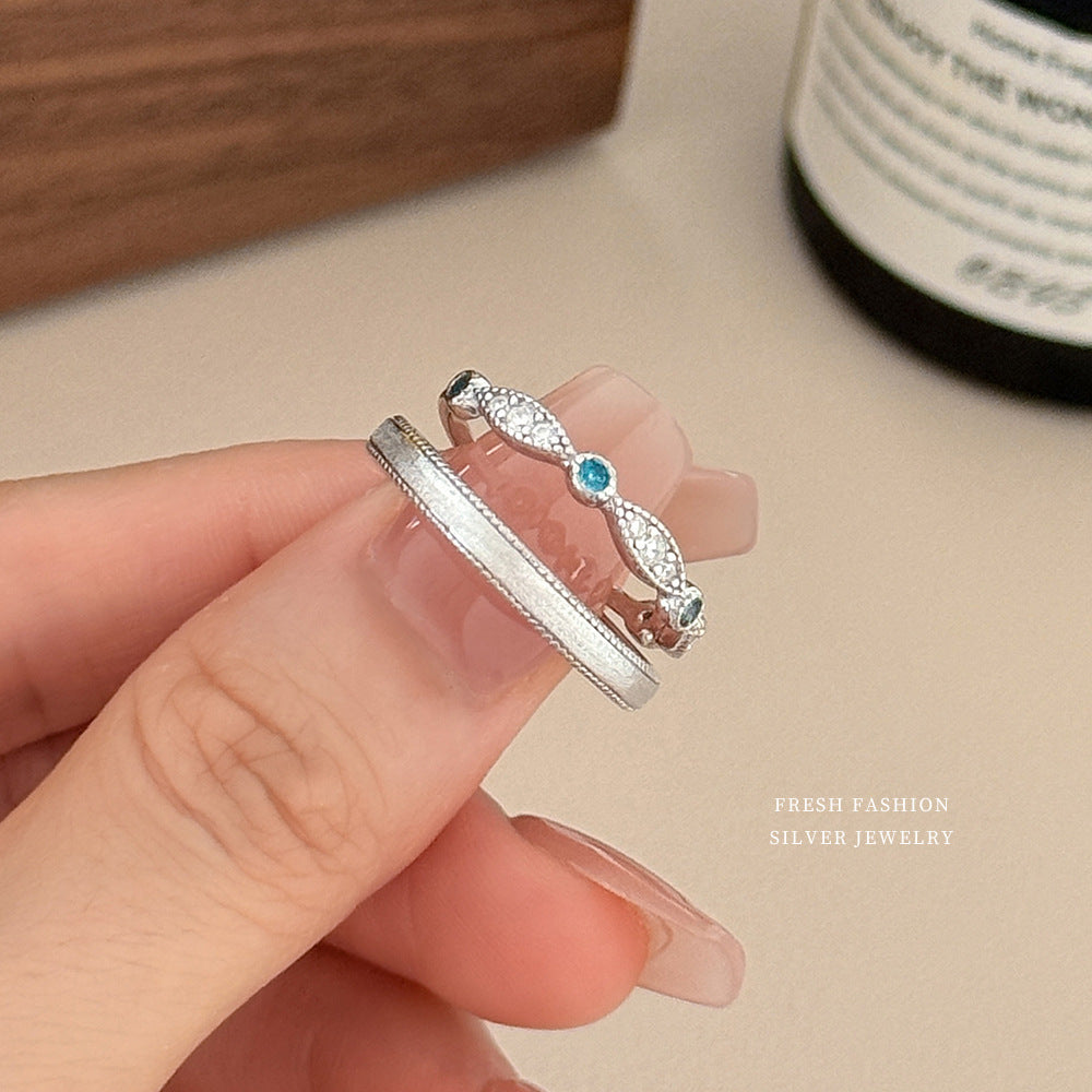 Geometric Brushed Open Rings For Couples In S999 Silver With Platinum Plated Electroplated Finish And Zircon Inlay
