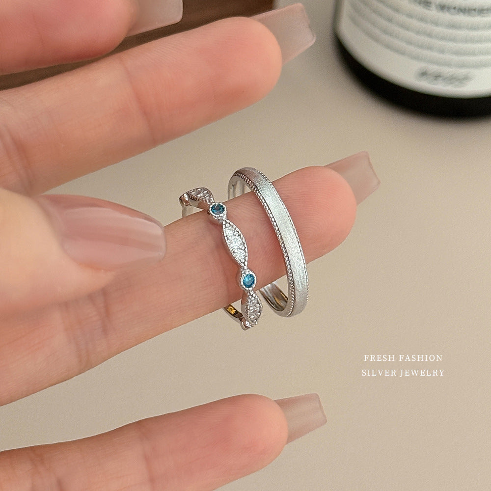 Geometric Brushed Open Rings For Couples In S999 Silver With Platinum Plated Electroplated Finish And Zircon Inlay