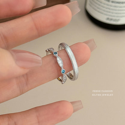 Geometric Brushed Open Rings For Couples In S999 Silver With Platinum Plated Electroplated Finish And Zircon Inlay