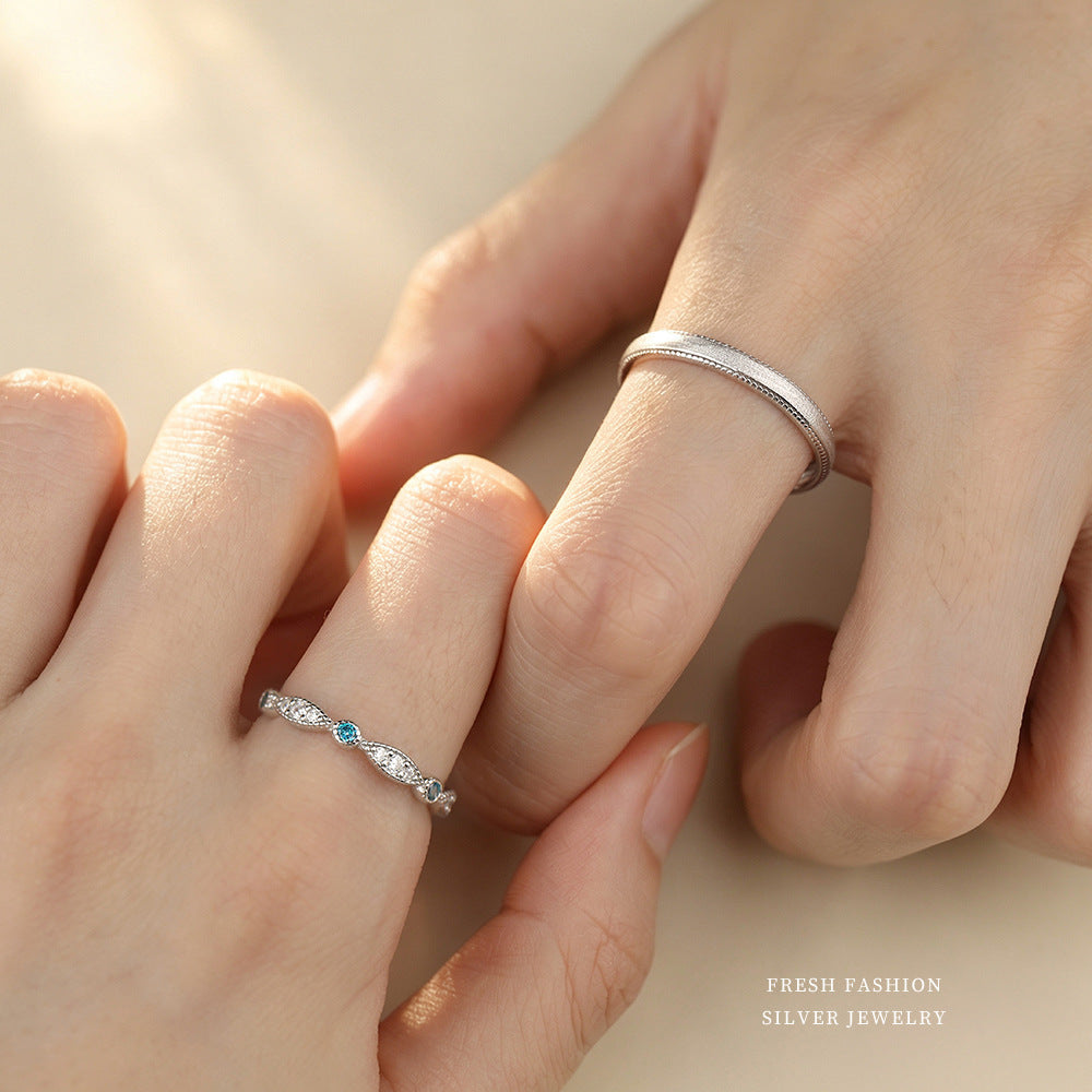 Geometric Brushed Open Rings For Couples In S999 Silver With Platinum Plated Electroplated Finish And Zircon Inlay