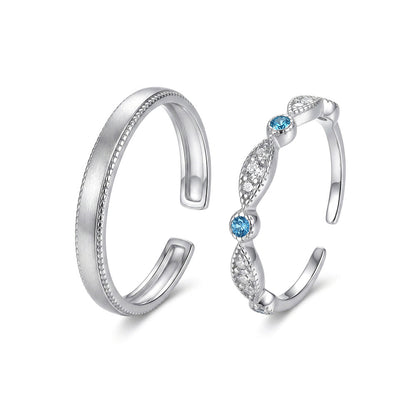 Geometric Brushed Open Rings For Couples In S999 Silver With Platinum Plated Electroplated Finish And Zircon Inlay
