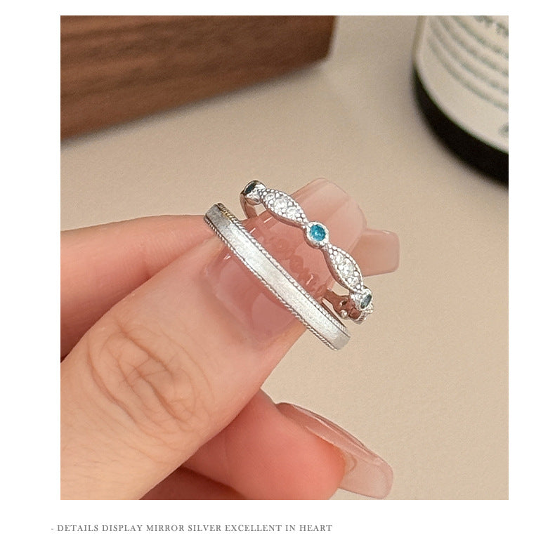 Geometric Brushed Open Rings For Couples In S999 Silver With Platinum Plated Electroplated Finish And Zircon Inlay